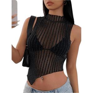 imageMilumia Womens Glitter Sheer Mesh Top Mock Neck Asymertrical See Through Crop Tops Clubbing RaveBlack